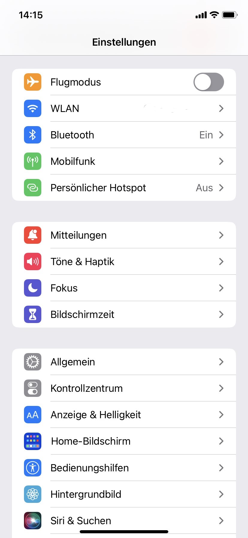 Geöffnete Einstellungen auf dem iPhone