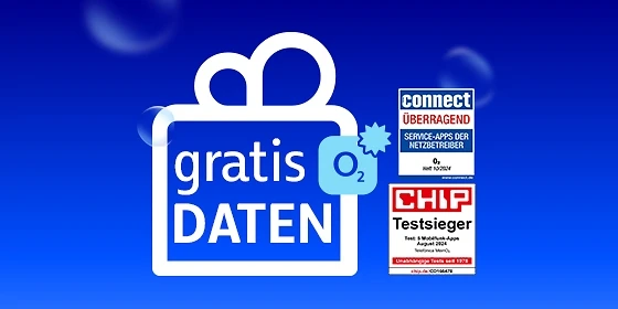  Gratis-Daten-Angebot von O₂ mit Auszeichnungen von CHIP und connect für beste Netzbetreiber-App.
